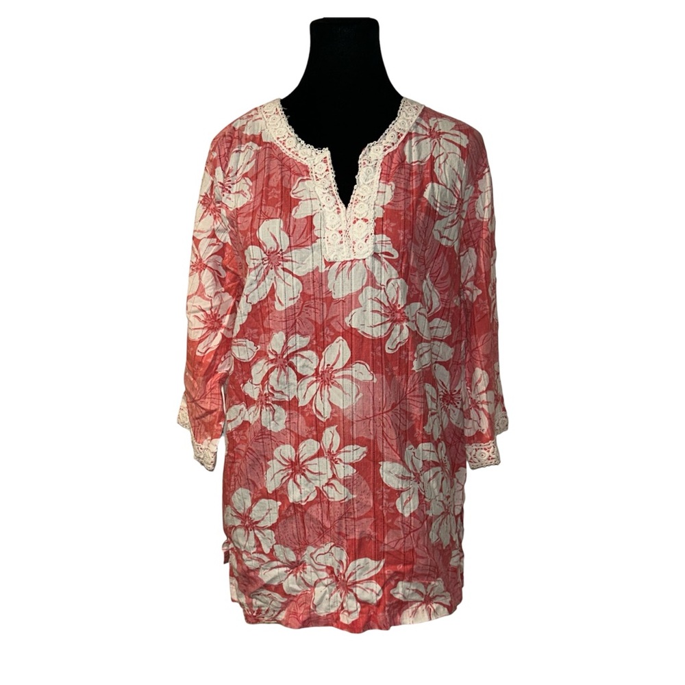 Rebecca Malone tropical floral cotton tunic lace trim